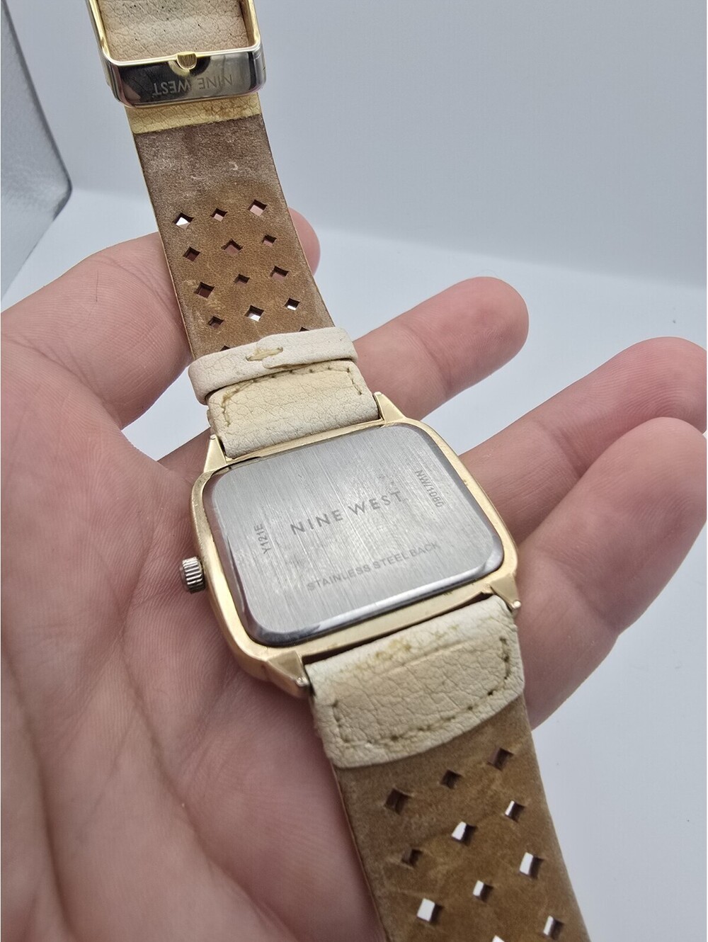 Nine West NW/1080 Gold Tone Tonneau Cream Perforated Leather Analog Quartz Watch - Picture 6 of 9